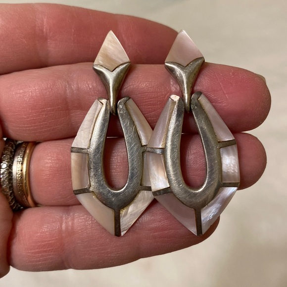 Sterling and Pink MOP Signed Earrings - Picture 3 of 6